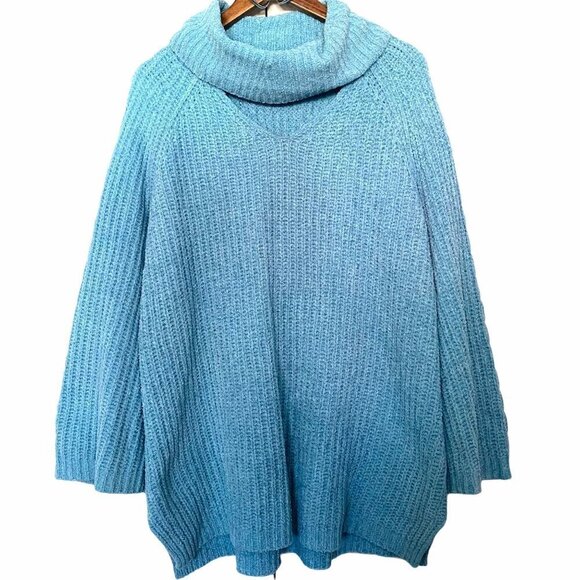 Lane Bryant Turtleneck Cut Out Ribbed Chunky Knit Blue Perforated Sweater - Picture 1 of 9